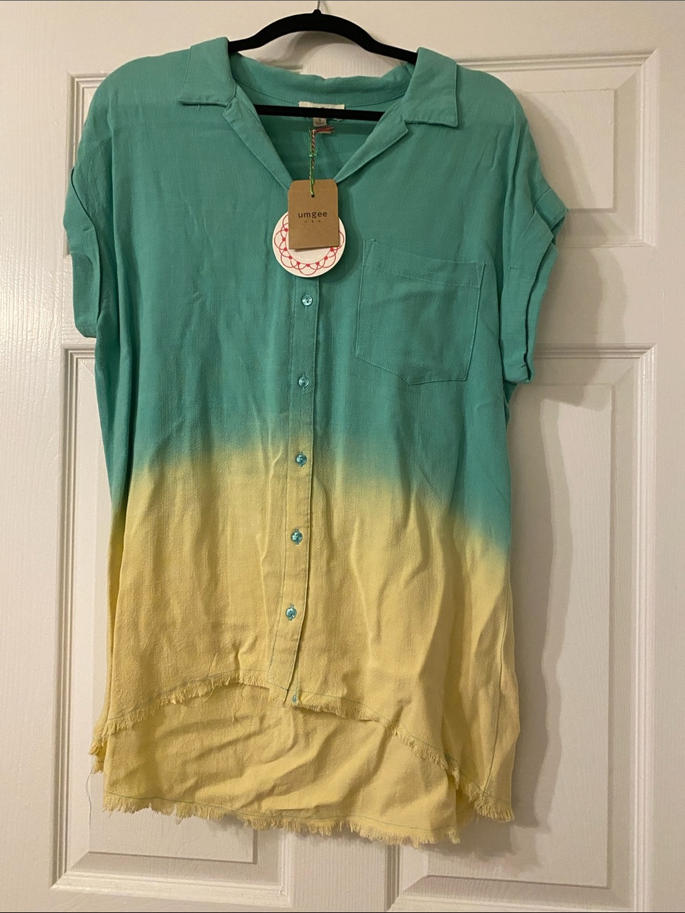 Umgee Teal and Yellow Dip Dye Button-Up Top
